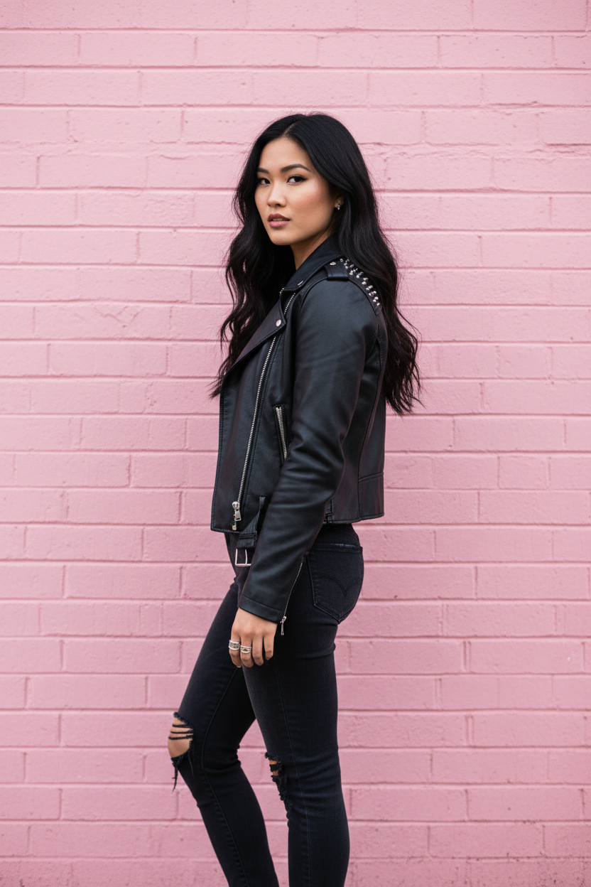Dark hair woman on pink brick wall
